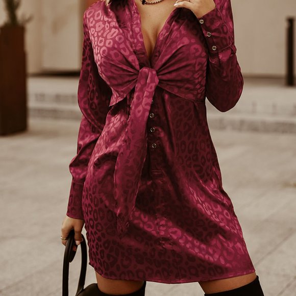 HOST PICK Red Burgundy Leopard Animal Pattern Tie Knot Satin Mini Dress Tunic L - Picture 1 of 11